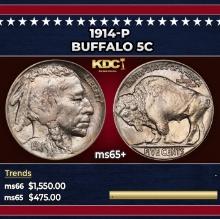 1914-p Buffalo Nickel 5c Grades ms65+