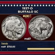 1937-d Buffalo Nickel 5c ms67 SEGS