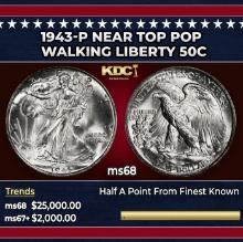 1943-p Walking Liberty Half Dollar Near Top Pop 50c ms68 SEGS