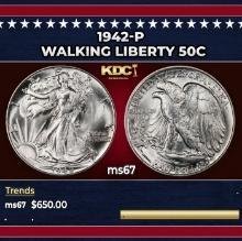 1942-p Walking Liberty Half Dollar 50c ms67 SEGS
