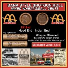 Lincoln Wheat Cent 1c Mixed Roll Orig Brandt McDonalds Wrapper, 1919-d end, Indian other end