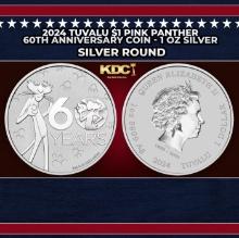2024 Tuvalu $1 Pink Panther 60th Anniversary Coin - 1 oz Silver Round Round