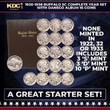 1920-1938 Buffalo Nickel Complete Year Set with Dansco Album 16 Coins, A Great Starter Set!