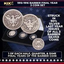 1915-1916 Barber Final Year  3 Coin Set, 1 of Each Half, Quarter, & Dime