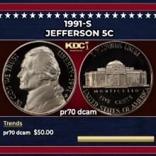 1991-s Proof Jefferson Nickel 5c pr70 dcam SEGS