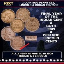3 Coin 1909 Penny Set, Lincoln & Indian Cents 1c