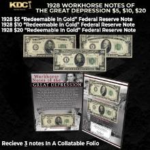 1928 Workhorse Notes of the Great Depression $5, $10, $20 3 "Redeemable In Gold" Federal Reserve Not