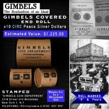 AA- GIMBLES Circ Peace Dollar $1 Roll 10 Coin B Grade