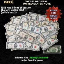 5x 1953 $2 Red Seal United States Note Heavily Circulated