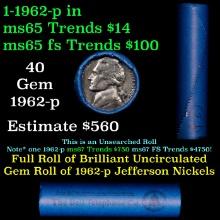 BU Shotgun Jefferson 5c roll, 1962-p 40 pcs Bank $2 Nickel Wrapper