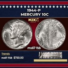 1944-p Mercury Dime 10c ms67 fsb SEGS