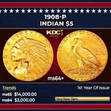1908-p Gold Indian Half Eagle $5 ms64+ USCG
