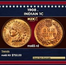 1908 Indian Cent . 1c Grades ms65 rd