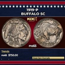 1919-p Buffalo Nickel 5c Grades ms65