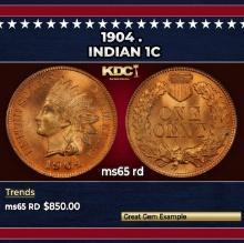 1904 Indian Cent . 1c Grades ms65 rd