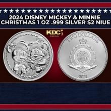 2024 Disney Mickey & Minnie Christmas 1 oz .999 Silver $2 Niue  Round