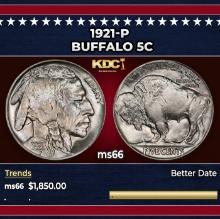 1921-p Buffalo Nickel 5c ms66 SEGS