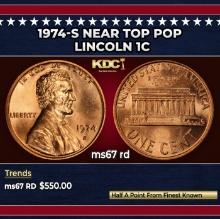 1974-s Lincoln Cent Near Top Pop 1c ms67 rd SEGS