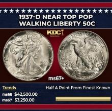 1937-d Walking Liberty Half Dollar Near Top Pop 50c ms67+ SEGS