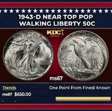 1943-d Walking Liberty Half Dollar Near Top Pop 50c ms67 SEGS