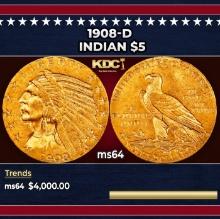 1908-d Gold Indian Half Eagle $5 ms64 USCG