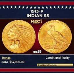 1913-p Gold Indian Half Eagle $5 ms65 USCG