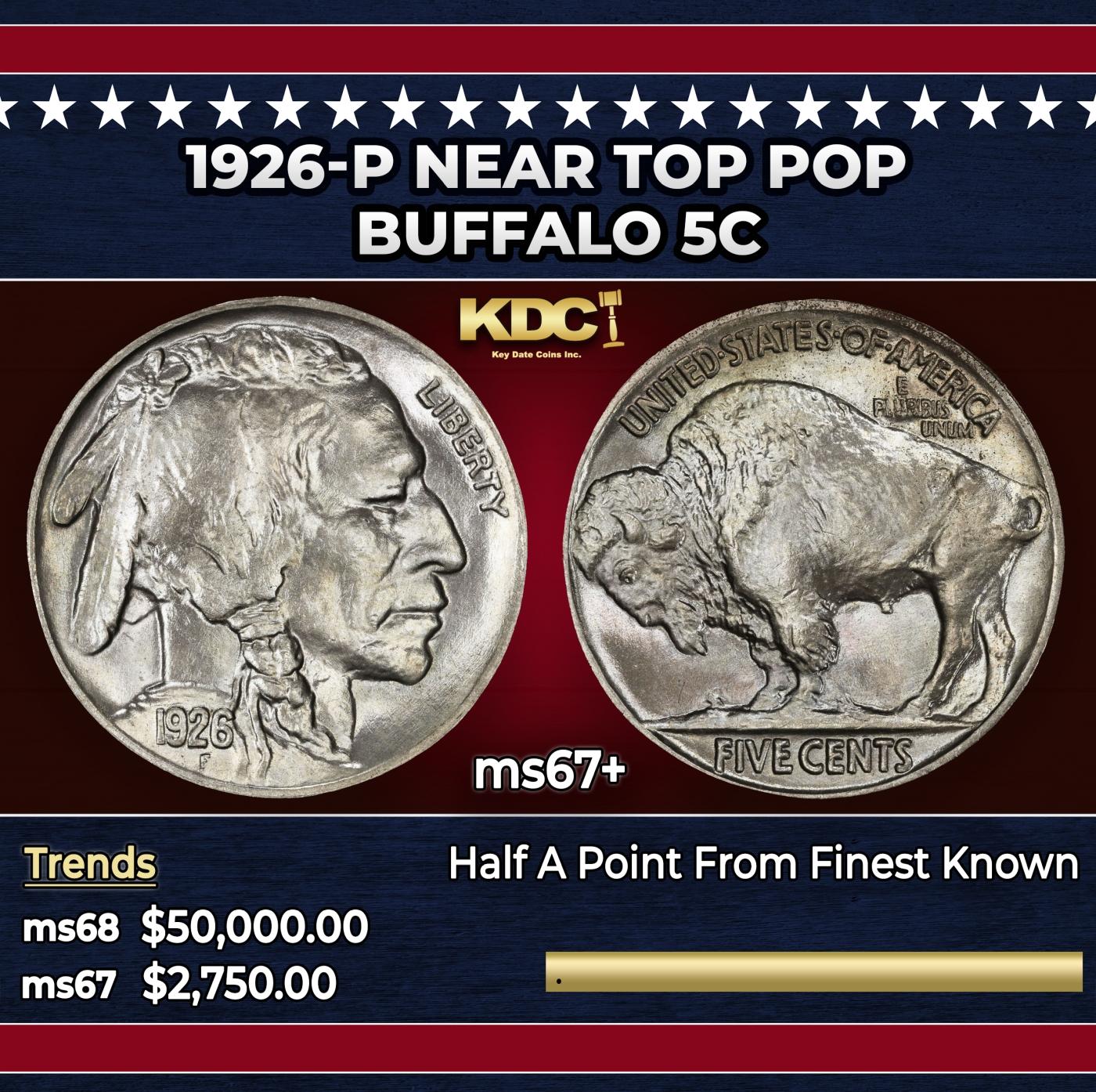 1926-p Buffalo Nickel Near Top Pop 5c ms67+ SEGS