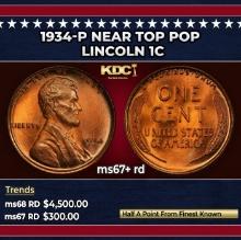 1934-p Lincoln Cent Near Top Pop 1c ms67+ rd SEGS