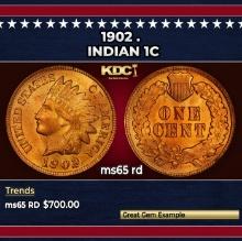 1902 Indian Cent . 1c Grades ms65 rd