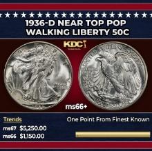 1936-d Walking Liberty Half Dollar Near Top Pop 50c ms66+ SEGS