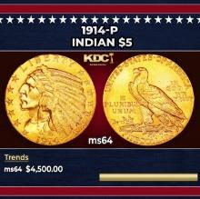1914-p Gold Indian Half Eagle $5 ms64 USCG