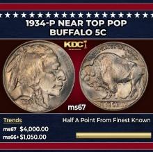 1934-p Buffalo Nickel Near Top Pop 5c ms67 SEGS