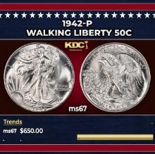 1942-p Walking Liberty Half Dollar 50c ms67 SEGS