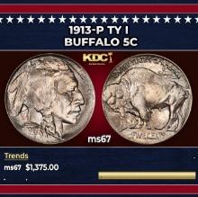 1913-p Ty I Buffalo Nickel 5c ms67 SEGS