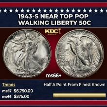 1943-s Walking Liberty Half Dollar Near Top Pop 50c ms66+ SEGS