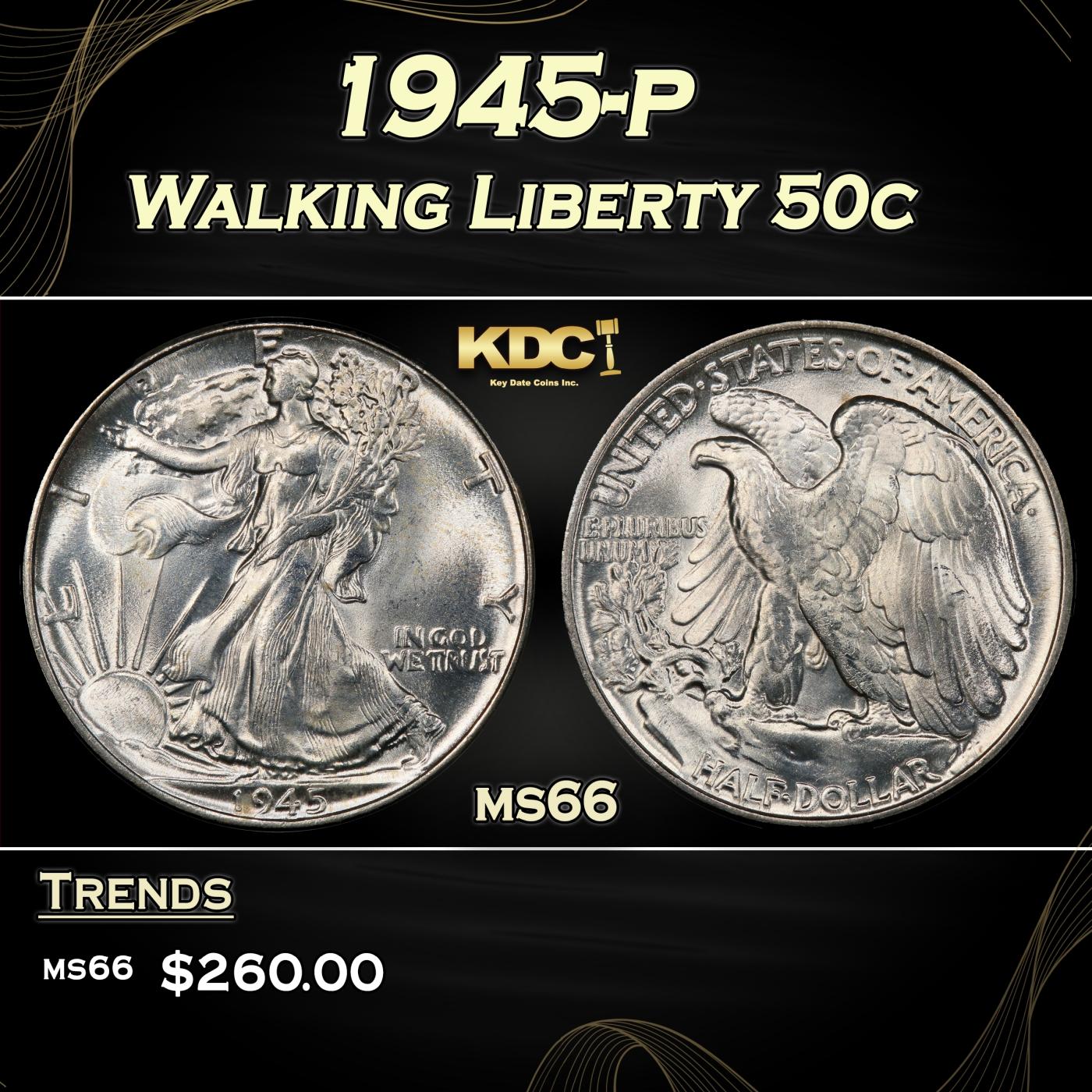 1945-p Walking Liberty Half Dollar 50c Grades GEM+ Unc