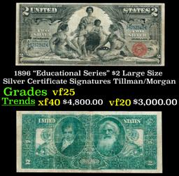 1896 $2 Large Size Silver Certificate "Educational Series" Grades vf+ Signatures Tillman/Morgan