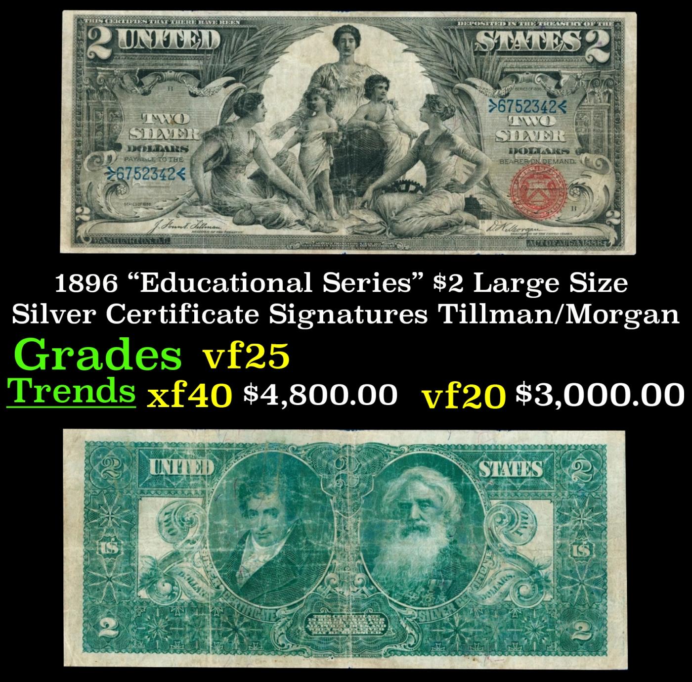 1896 $2 Large Size Silver Certificate "Educational Series" Grades vf+ Signatures Tillman/Morgan