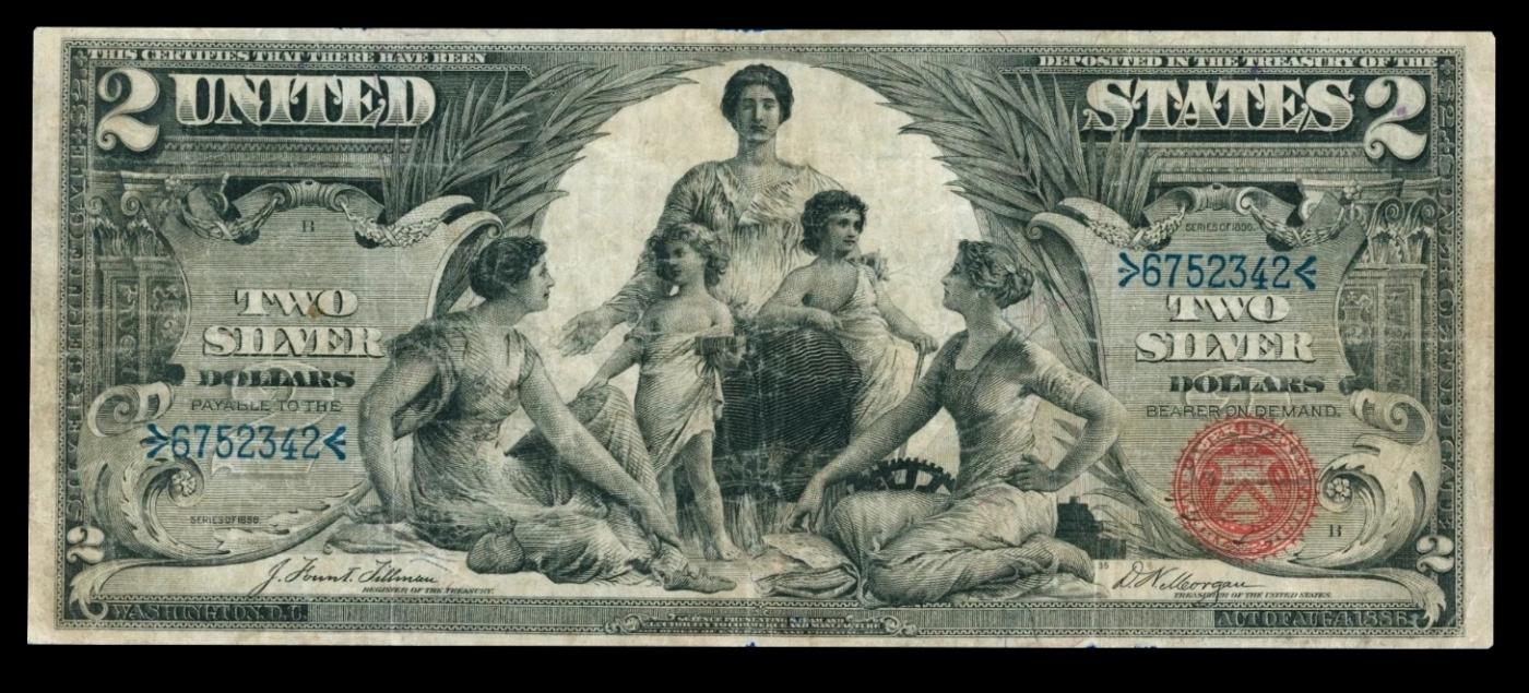 1896 $2 Large Size Silver Certificate "Educational Series" Grades vf+ Signatures Tillman/Morgan