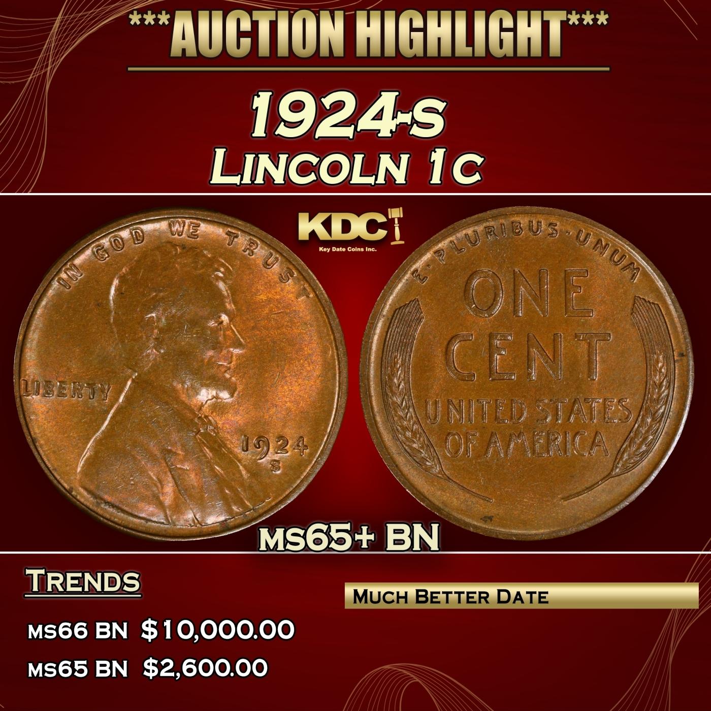 1924-s Lincoln Cent 1c ms65+ BN SEGS