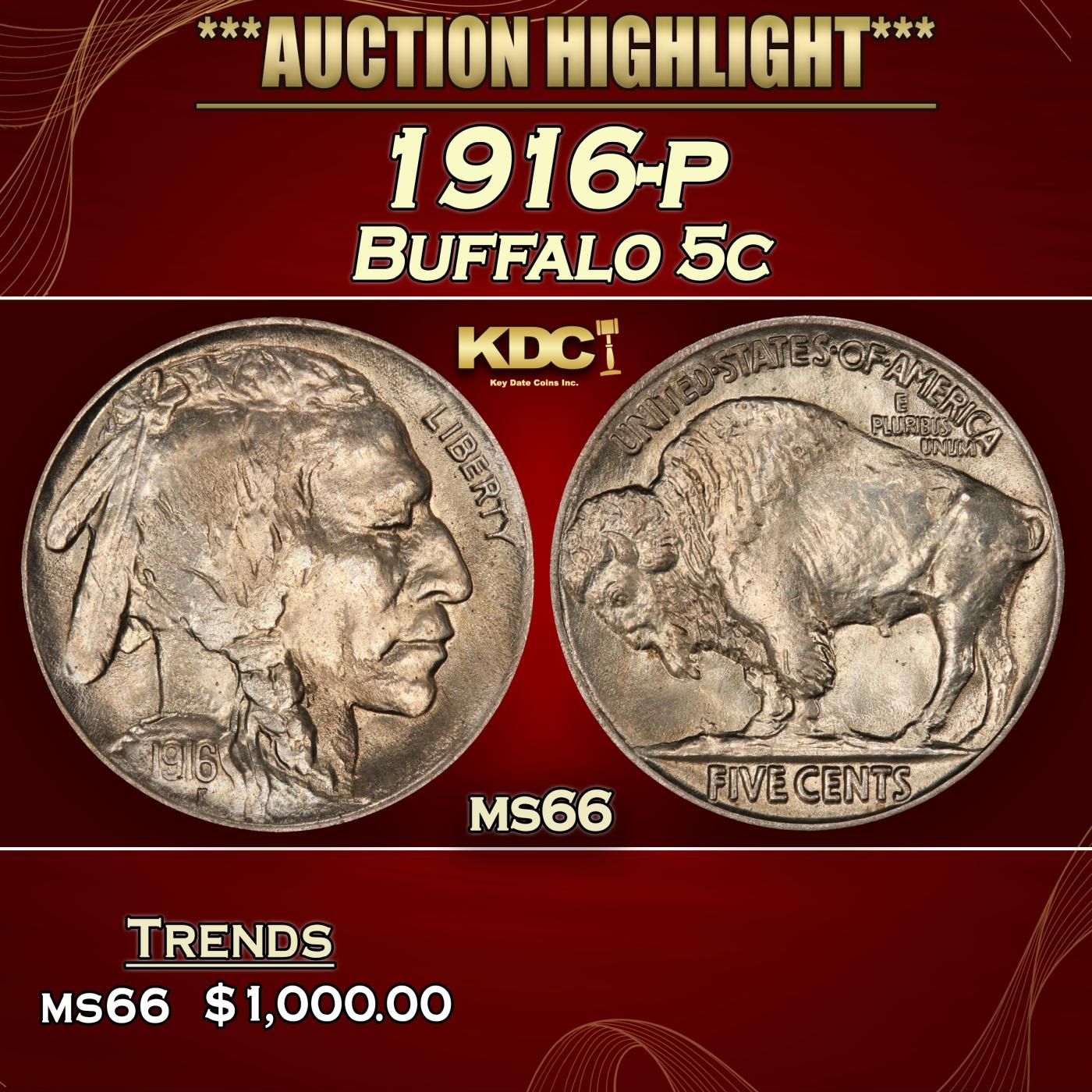 1916-p Buffalo Nickel 5c ms66 SEGS
