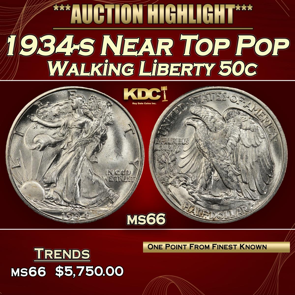 1934-s Walking Liberty Half Dollar Near Top Pop 50c ms66 SEGS