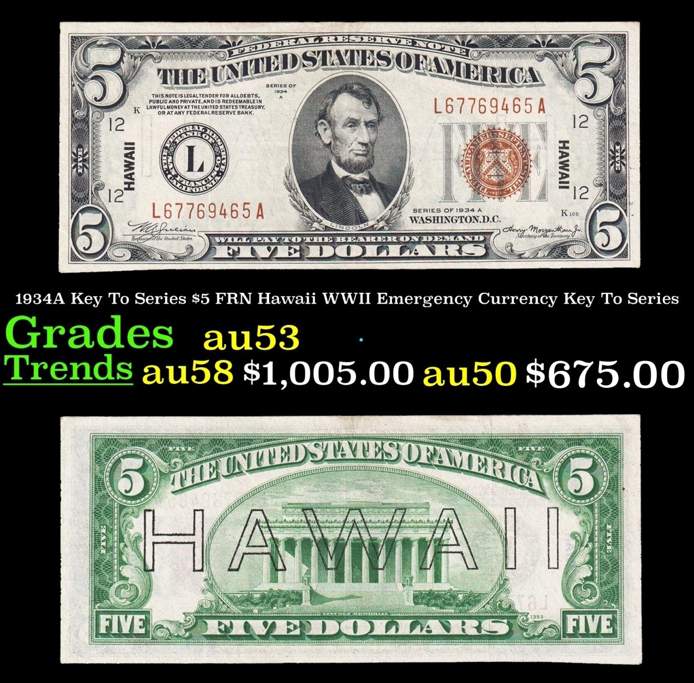 1934A $5 FRN Hawaii WWII Emergency Currency Key To Series Key To Series Grades Select AU