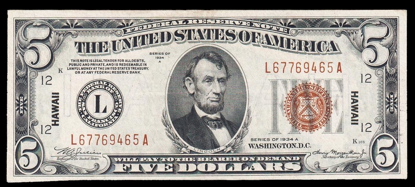 1934A $5 FRN Hawaii WWII Emergency Currency Key To Series Key To Series Grades Select AU
