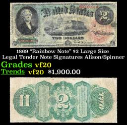 1869 $2 Large Size Legal Tender Note "Rainbow Note" Grades vf, very fine Signatures Alison/Spinner
