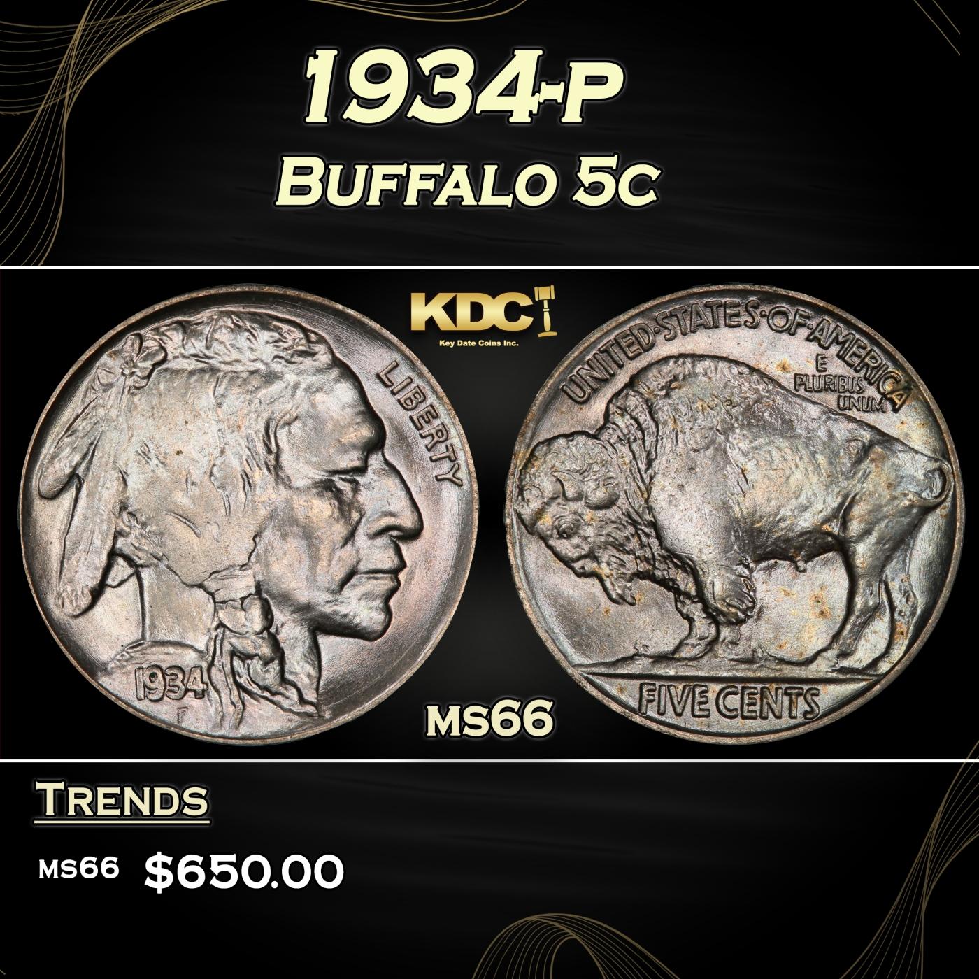 1934-p Buffalo Nickel 5c Grades ms66