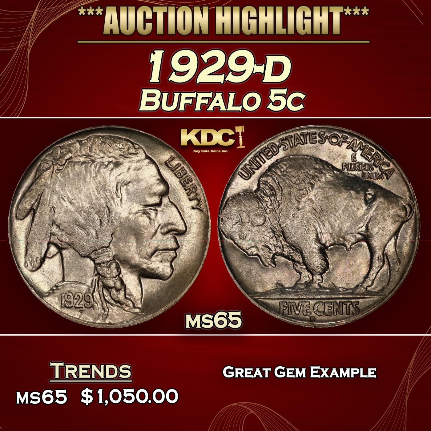 1929-d Buffalo Nickel 5c ms65 SEGS