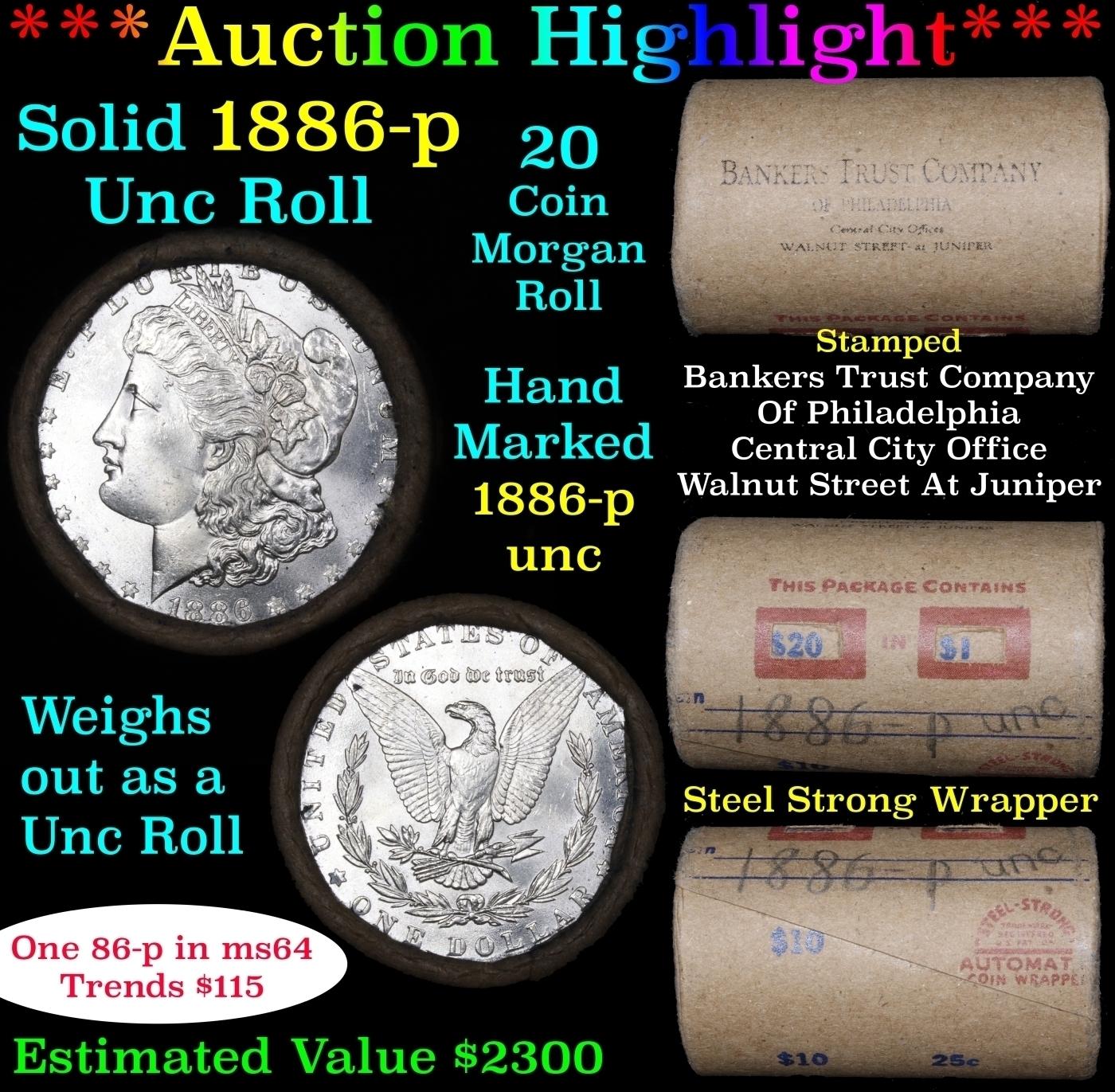 Full solid date 1886-p Uncirculated Morgan silver dollar roll, 20 coins