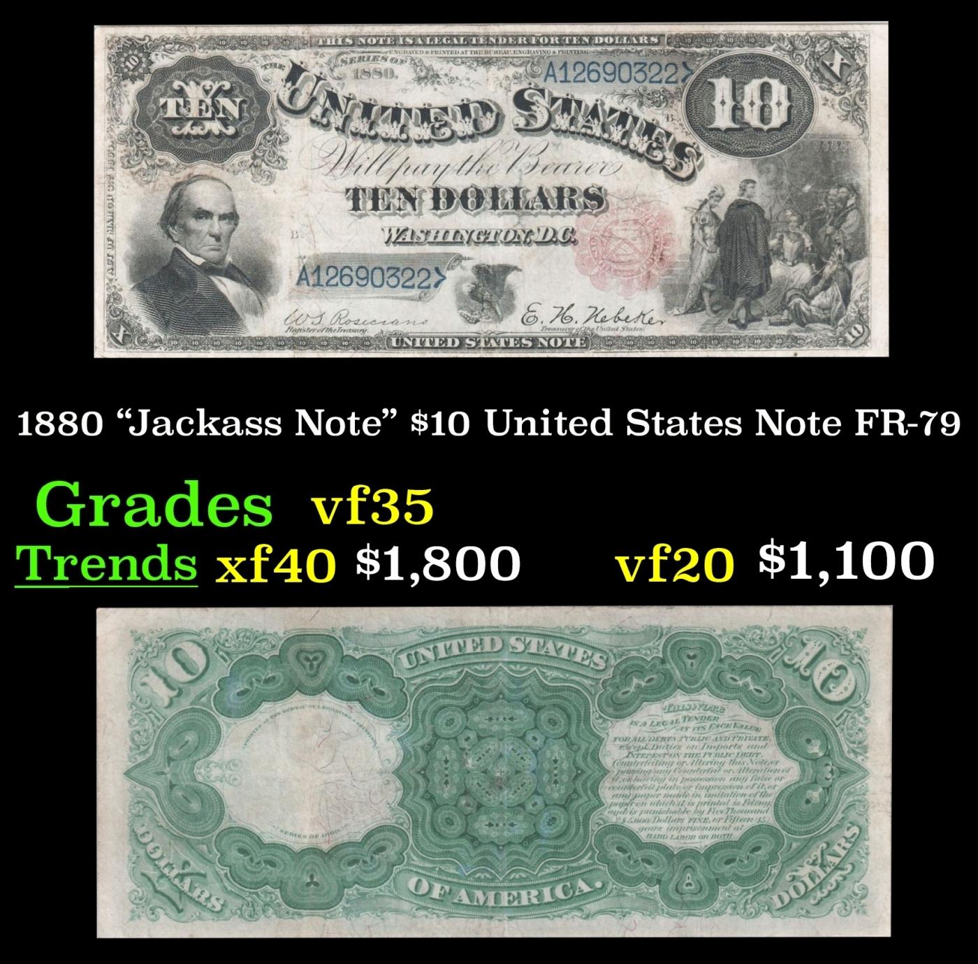 1880 $10 United States Note "Jackass Note" Grades vf++ FR-79