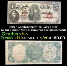 1907 $5 Large Size Legal Tender Note "WoodChopper" Grades vf+ Signatures Speelman/White